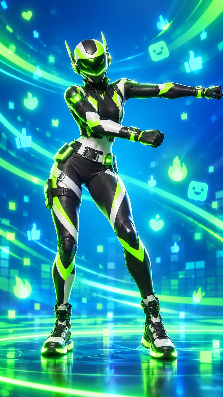 A game character in a neon suit striking a dance emote among floating reaction icons