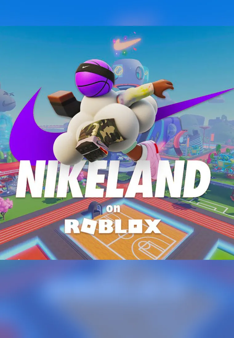 Nikeland on Roblox — a Nike-branded avatar flying over the Nikeland game world
