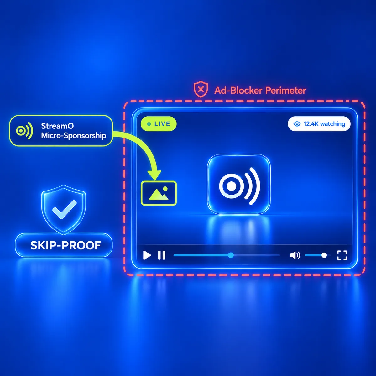Diagram of a StreamO micro-sponsorship sitting inside the livestream, past the ad-blocker perimeter — skip-proof