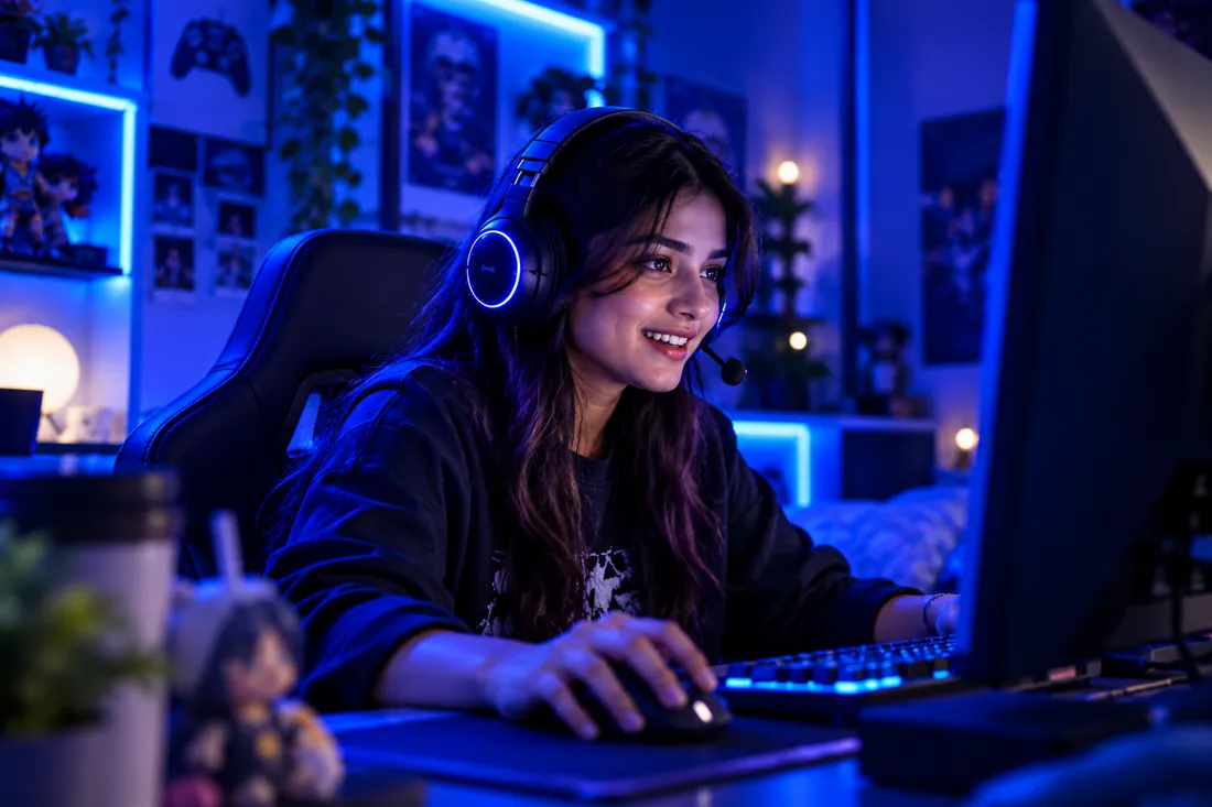 A young woman in a headset smiling as she plays at her gaming desk