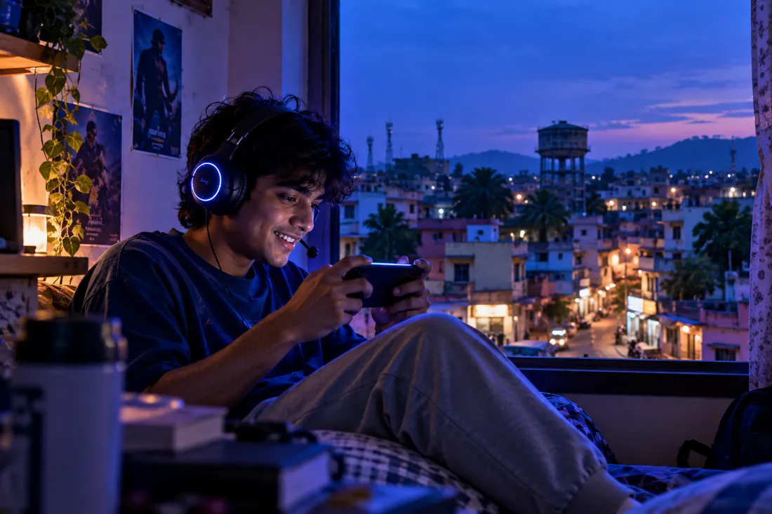A young man gaming on his phone by a window overlooking a small-town skyline at dusk