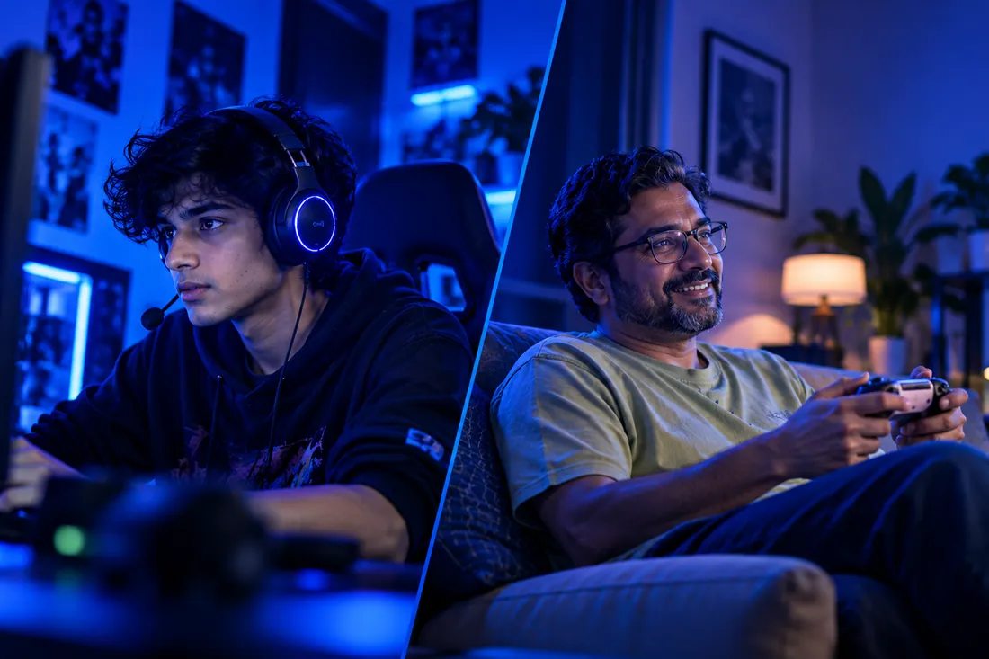 A teenage gamer at his PC beside an older man playing with a controller