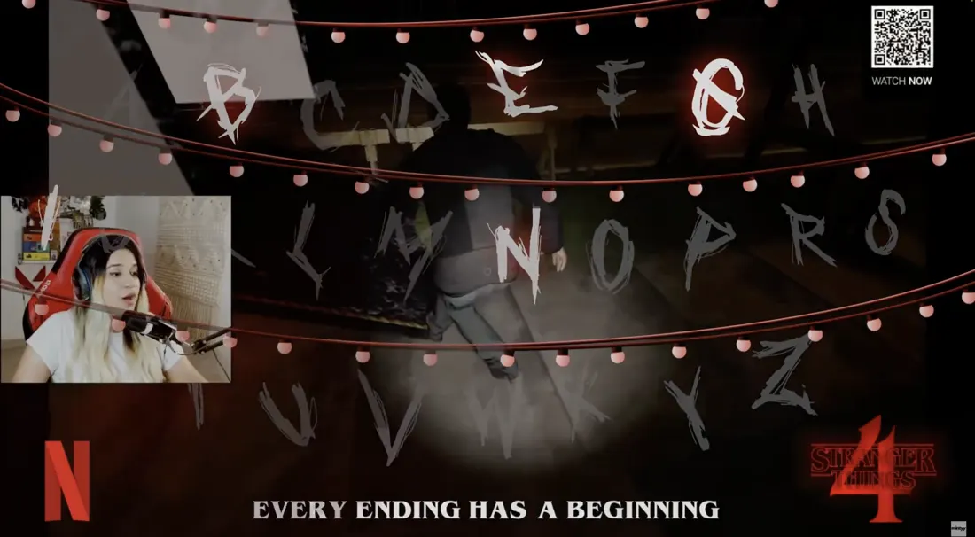 Stranger Things 4 trailer with a Watch Now QR code inside a gaming stream