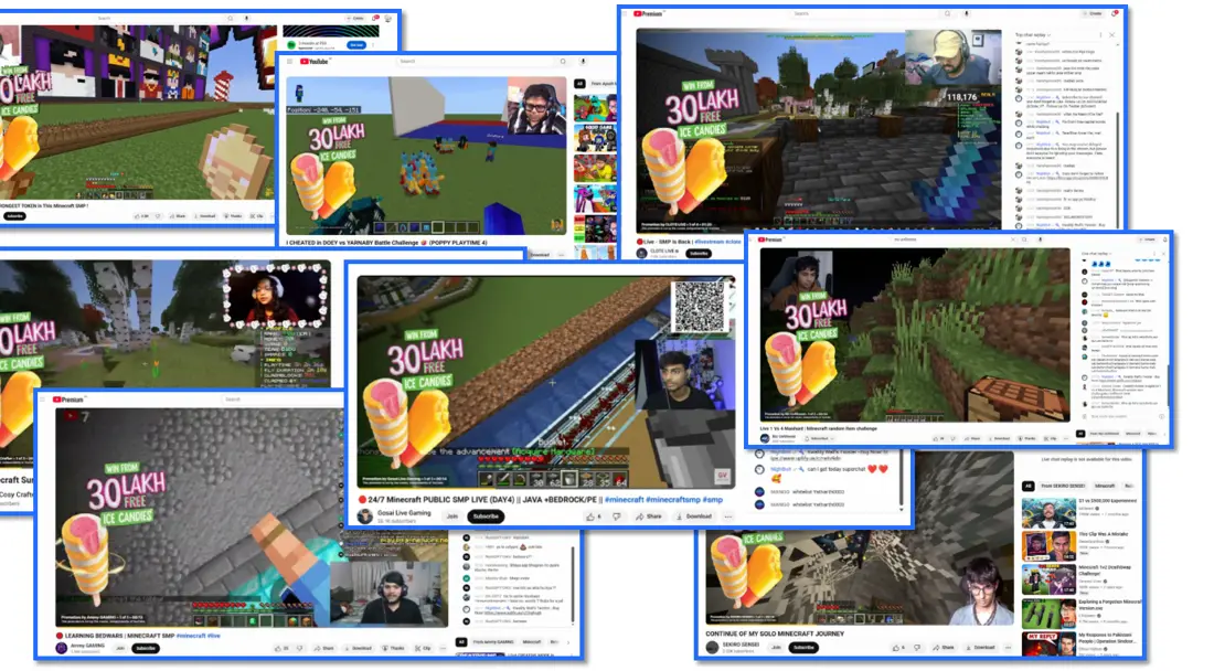 A collage of Minecraft livestreams with Kwality Wall's artwork