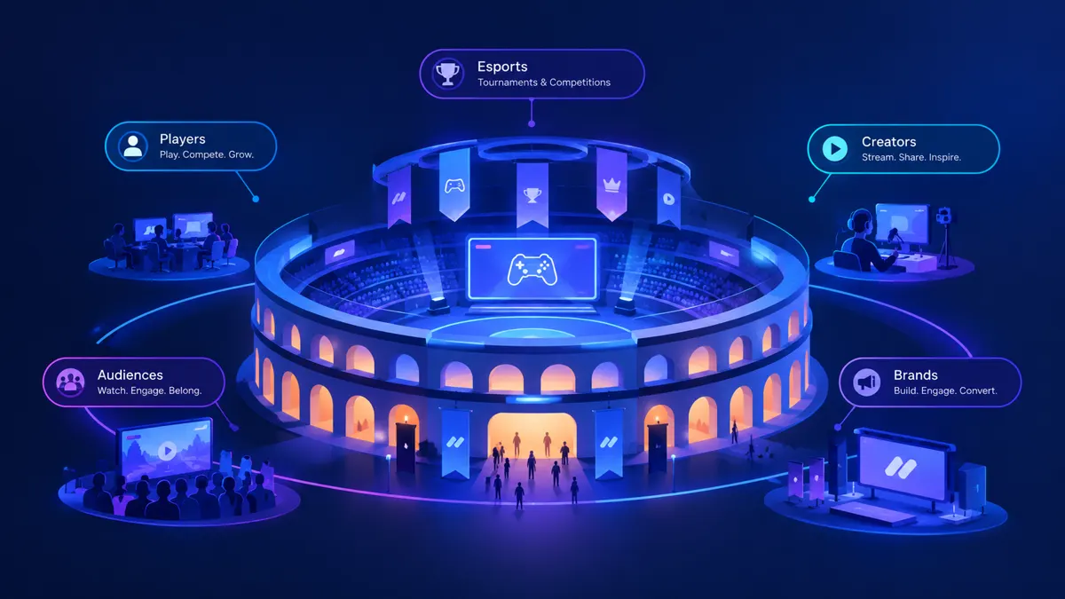 Illustration of a gaming arena connecting players, creators, audiences, esports and brands
